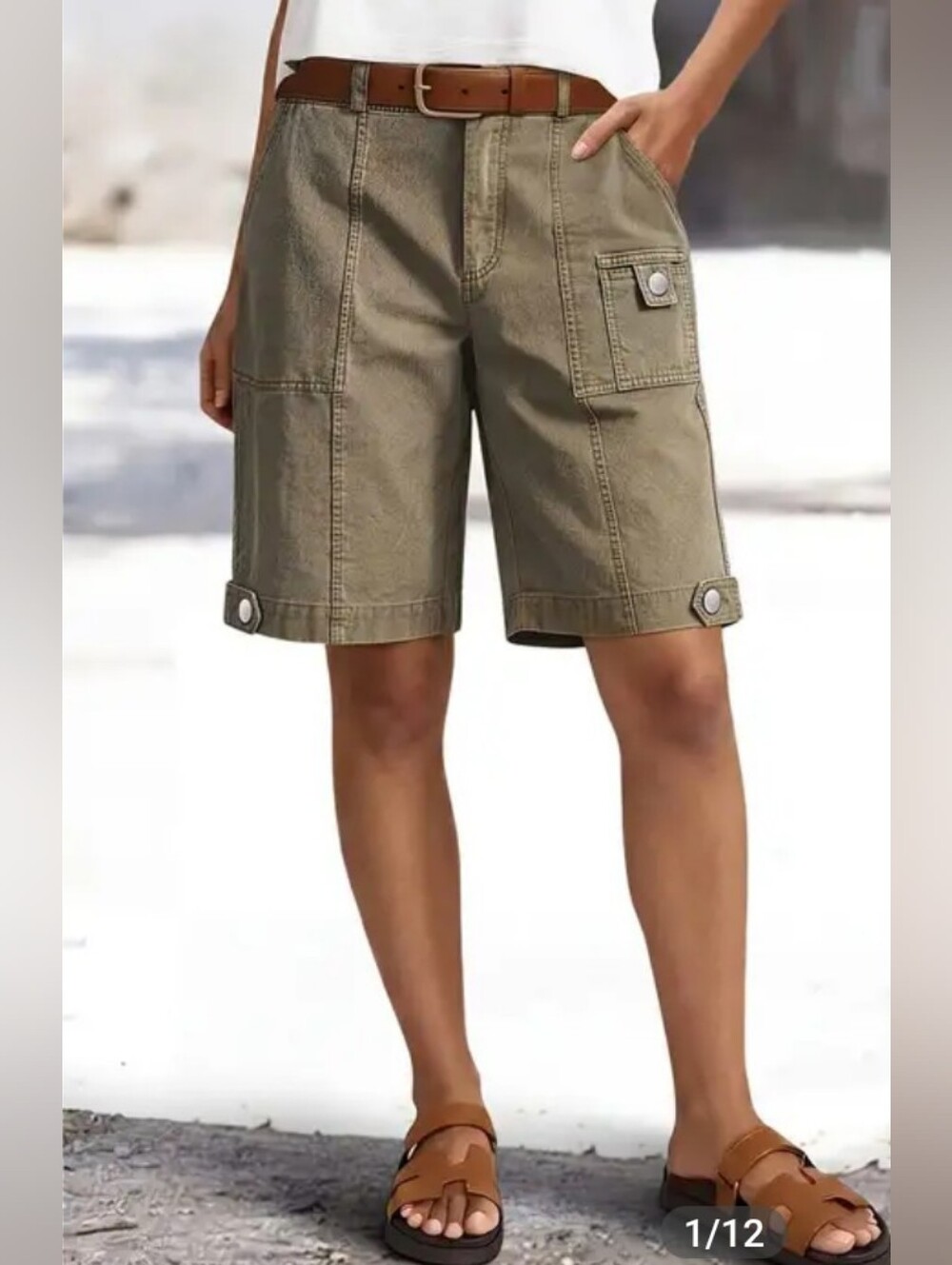 Flamingals Seam Front Flap Pocket Button Hem Mid Rise Bermuda Shorts NWT